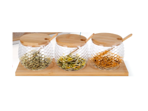PORTA CONDIMENTO VIDRO C/3-POTE TP+COLHER BAMBU