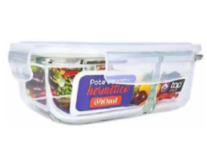 POTE VIDRO HERMETICO RETANGULAR  640ML C/DIV BRANCO