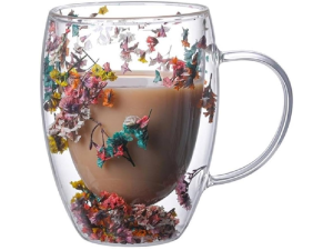 CANECA VIDRO 330ML C/FLOR PAREDE DUPLA