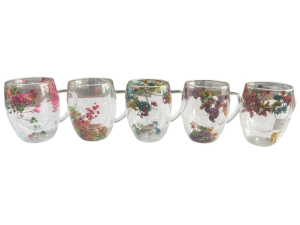 CANECA VIDRO 330ML C/FLOR PAREDE DUPLA