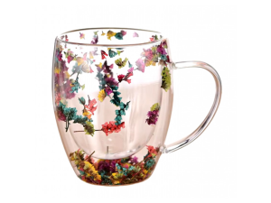 CANECA VIDRO 330ML FLORES SECAS PAREDE DUPLA