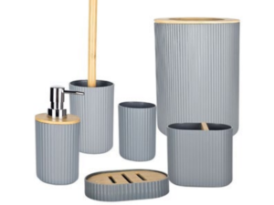 KIT BANHEIRO 6PC PLASTICO CINZA C/BAMBU