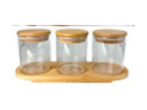 JOGO 3 POTE VIDRO 210ML + BANDEJA BAMBU
