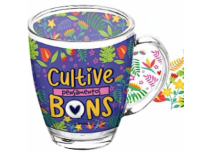 CANECA VIDRO 380ML ESTAMPA FLOR/FRASE