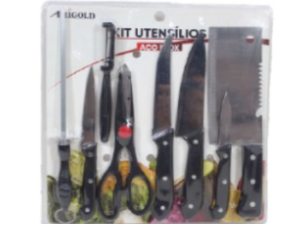 JOGO 8 P/COZINHA FACA+TESOURA+CHAIRA+DESCASCADOR